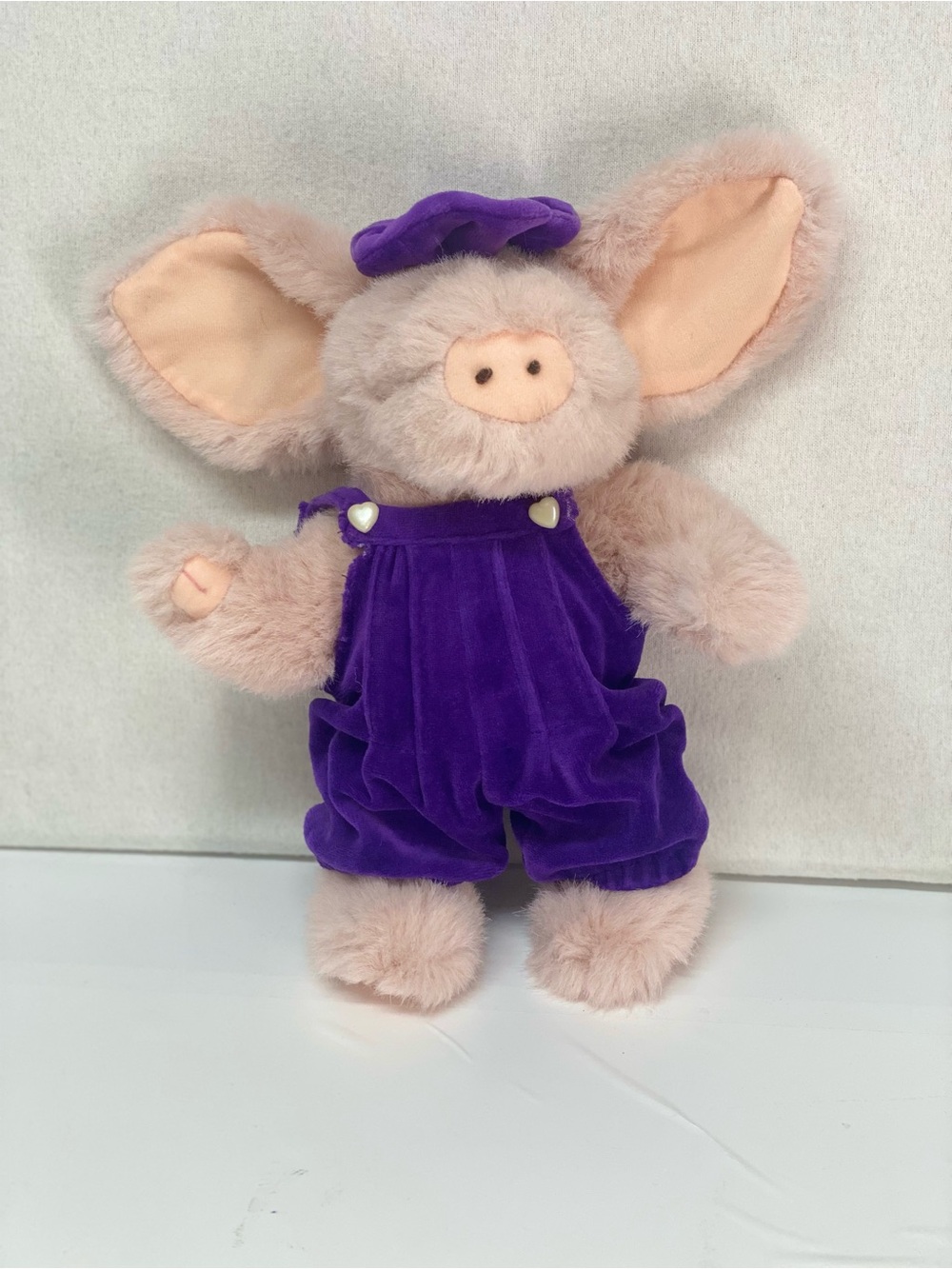 Boyds Bears Stuffed Pig Primrose II Piglet Purple Velvet Overalls Matching Hat
